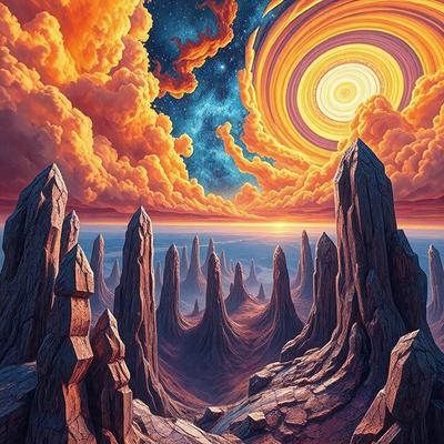 The primary subject of the image is a group of tall, rocky structures, possibly mountains or pillars, with a vibrant orange sky in the background. The setting appears to be a desert-like environment, with a cloudy sky above. The visual style of the image is a digital art or illustration, with a rich color palette that creates a dramatic and captivating atmosphere.